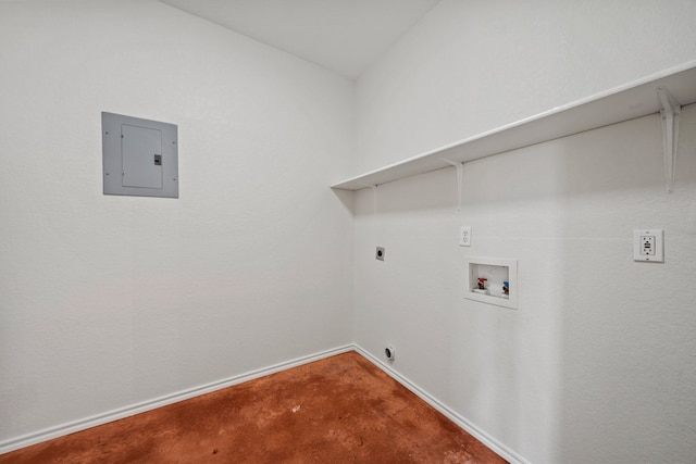 clothes washing area with hookup for a washing machine, laundry area, electric dryer hookup, electric panel, and baseboards