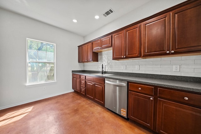 1159 Stallion Springs Dr, Fischer, TX 78623 - kitchen featuring dishwasher, dark countertops, a sink, backsplash, and concrete flooring