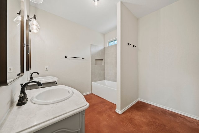 full bathroom with finished concrete flooring, baseboards, double vanity, and a sink