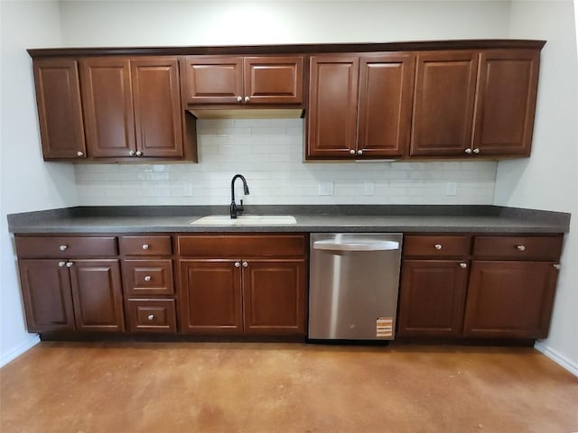 1159 Stallion Springs Dr, Fischer, TX 78623 - kitchen featuring stainless steel dishwasher, a sink, dark countertops, and baseboards