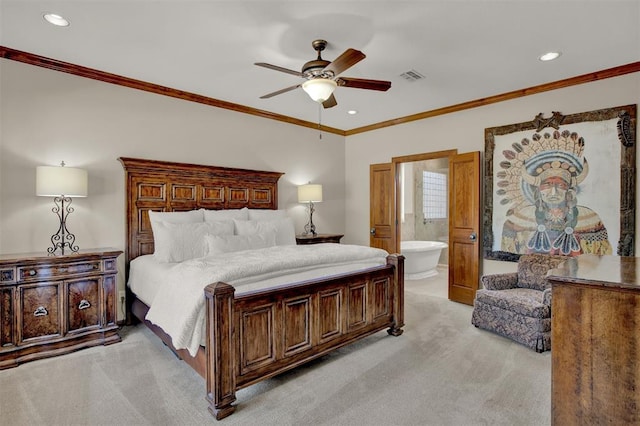bedroom featuring visible vents, crown molding, light colored carpet, and recessed lighting