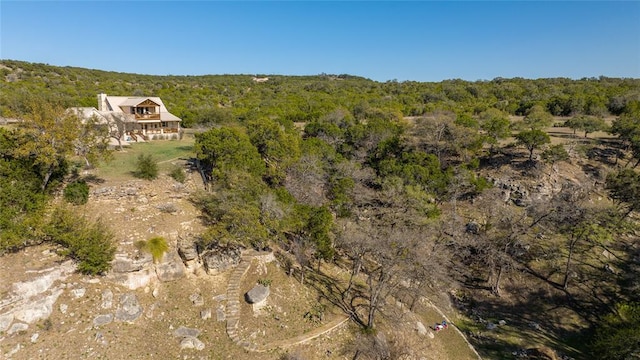 drone / aerial view with a wooded view