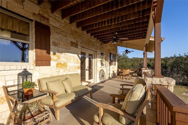 view of patio / terrace featuring ceiling fan, french doors, and an outdoor hangout area