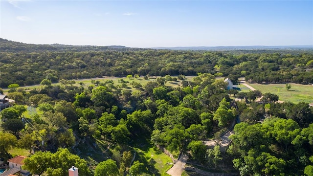 birds eye view of property featuring a wooded view