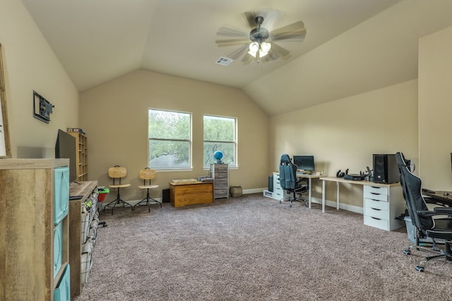 2600 Dalea St, Round Rock, TX 78681 - home office featuring a ceiling fan, visible vents, vaulted ceiling, carpet, and baseboards