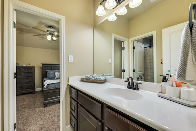 2600 Dalea St, Round Rock, TX 78681 - full bath featuring baseboards, curtained shower, a ceiling fan, and vanity