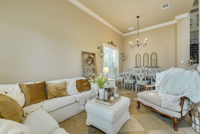 2600 Dalea St, Round Rock, TX 78681 - living room featuring a chandelier, visible vents, ornamental molding, and light tile patterned floors