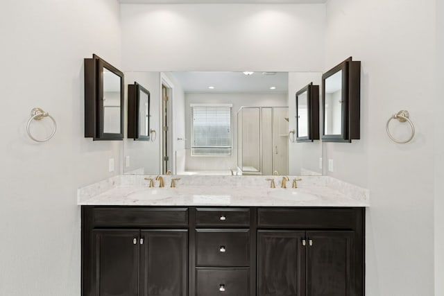 829 Expedition Way, Round Rock, TX 78665 - bathroom featuring a shower stall and double vanity