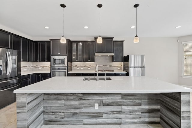 829 Expedition Way, Round Rock, TX 78665 - kitchen featuring appliances with stainless steel finishes, under cabinet range hood, backsplash, light countertops, and a spacious island