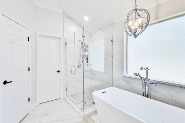 93 Duck Lake Dr, Lakeway, TX 78734 - bathroom with marble finish flooring, a soaking tub, a chandelier, ornamental molding, and a marble finish shower