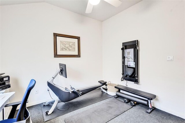 93 Duck Lake Dr, Lakeway, TX 78734 - workout area with ceiling fan, baseboards, carpet flooring, and vaulted ceiling