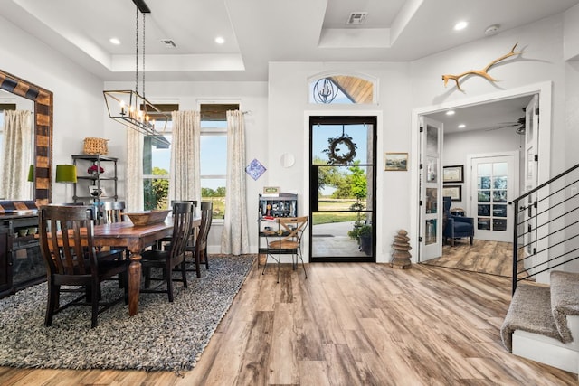 101 Durango Dr, Johnson City, TX 78636 - dining room featuring wood finished floors, a raised ceiling, and visible vents