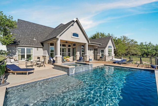 101 Durango Dr, Johnson City, TX 78636 - outdoor pool featuring a patio, fence, ceiling fan, and an in ground hot tub