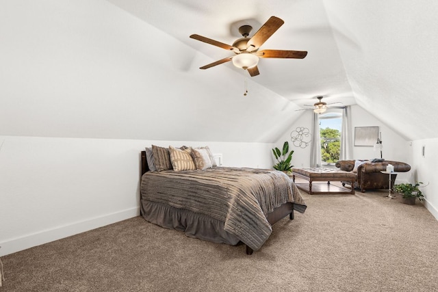 101 Durango Dr, Johnson City, TX 78636 - bedroom with baseboards, ceiling fan, carpet floors, and vaulted ceiling