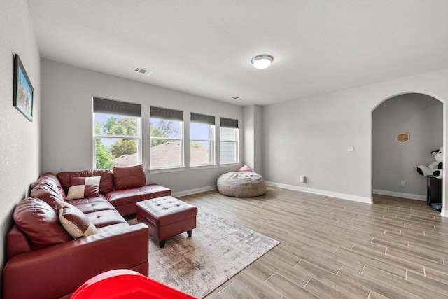 3750 E Palm Valley Blvd Unit 98, Round Rock, TX 78665 - living room with arched walkways, visible vents, light wood-style flooring, and baseboards