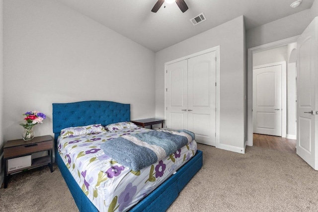 3750 E Palm Valley Blvd Unit 98, Round Rock, TX 78665 - bedroom with a closet, a ceiling fan, visible vents, baseboards, and carpet floors