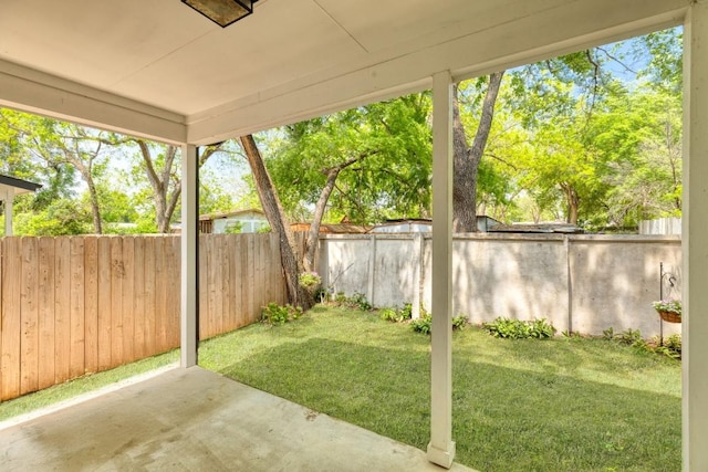 view of yard with a fenced backyard and a patio area