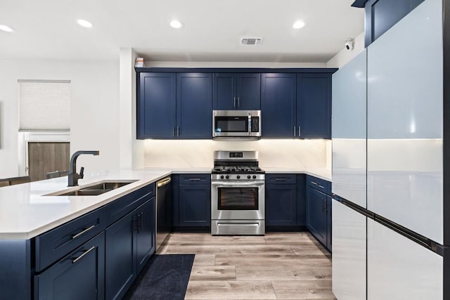 kitchen featuring blue cabinets, visible vents, appliances with stainless steel finishes, a sink, and a peninsula