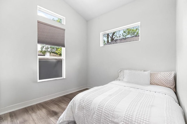 bedroom featuring vaulted ceiling, multiple windows, and wood finished floors