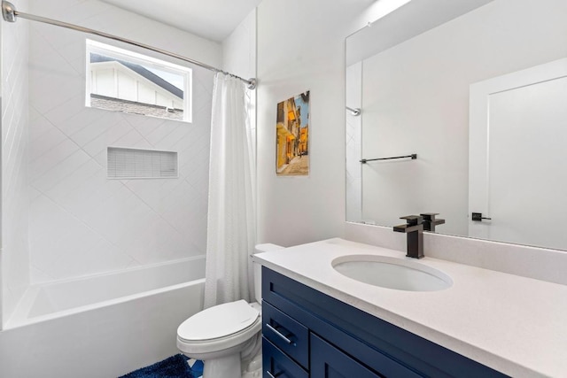bathroom with toilet, shower / bathtub combination with curtain, and vanity