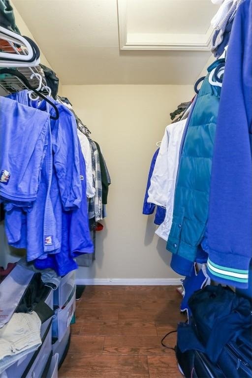walk in closet featuring attic access and wood finished floors