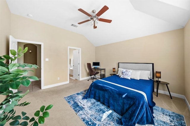 carpeted bedroom featuring a ceiling fan, visible vents, lofted ceiling, and baseboards