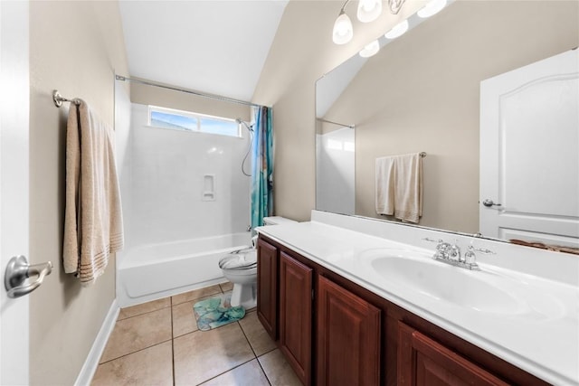 full bathroom featuring shower / bath combo, toilet, vaulted ceiling, tile patterned floors, and vanity
