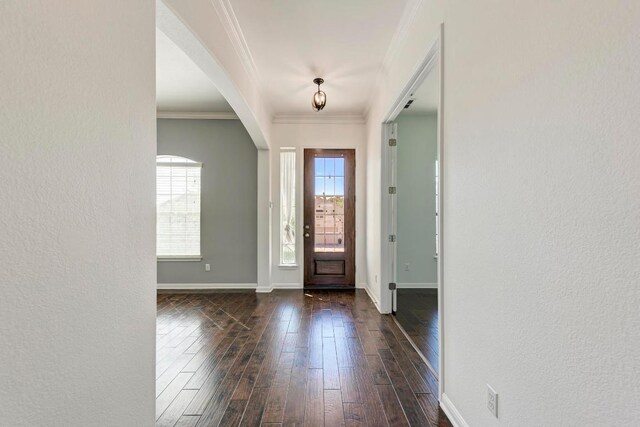 3909 Vinalopo Dr, Austin, TX 78738 - foyer featuring dark wood-type flooring, ornamental molding, baseboards, a textured wall, and arched walkways