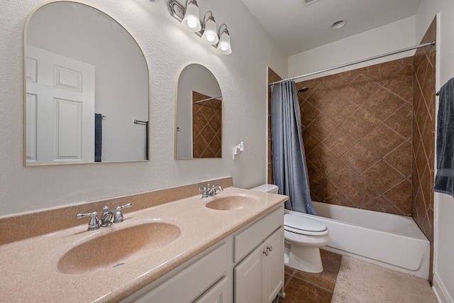 full bathroom featuring double vanity, toilet, shower / bath combination with curtain, and a sink
