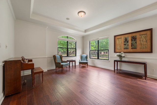 sitting room with crown molding, dark wood-style floors, a raised ceiling, and baseboards