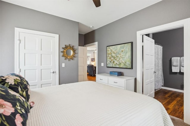 103 Bonham Ln, Paige, TX 78659 - bedroom featuring dark wood-style floors and ceiling fan