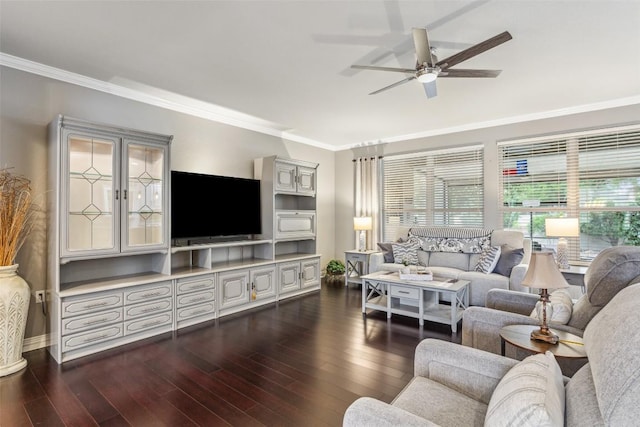 104 Emory Peak Trl, Georgetown, TX 78633 - living room featuring crown molding, ceiling fan, and dark wood-style flooring