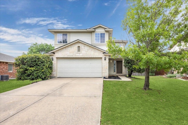 4108 Whitecrest Cv, Round Rock, TX 78681 - traditional-style home featuring stone siding, driveway, a front yard, and an attached garage