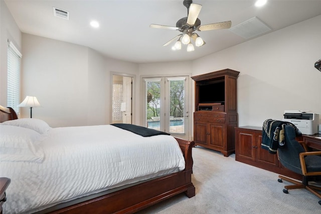 7800 Aspen Highlands Dr, Austin, TX 78746 - bedroom with access to outside, light carpet, a ceiling fan, recessed lighting, and visible vents