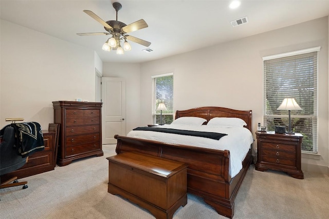7800 Aspen Highlands Dr, Austin, TX 78746 - bedroom featuring light colored carpet and ceiling fan