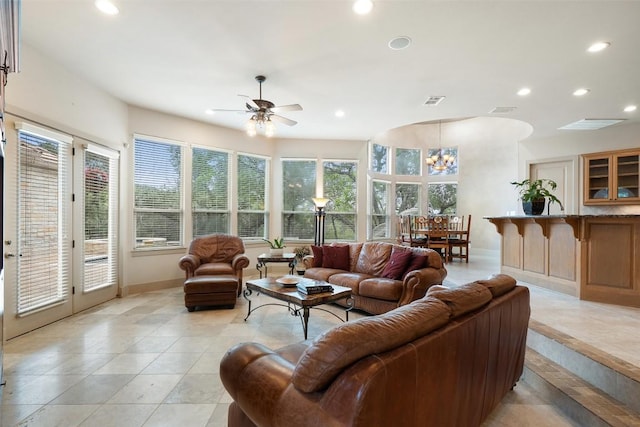 7800 Aspen Highlands Dr, Austin, TX 78746 - living room featuring recessed lighting, a ceiling fan, baseboards, light tile patterned floors, and visible vents