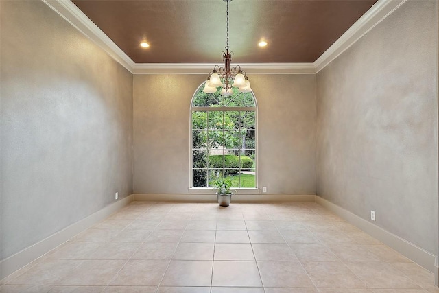 7800 Aspen Highlands Dr, Austin, TX 78746 - unfurnished room featuring tile patterned flooring, ornamental molding, recessed lighting, and a notable chandelier
