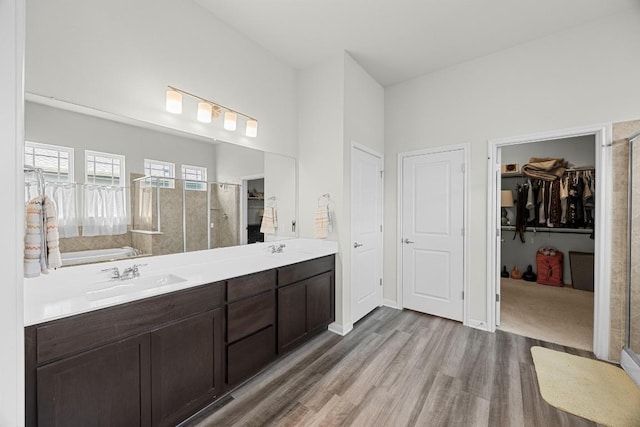 7901 Donnelley Dr, Austin, TX 78744 - full bathroom featuring a spacious closet, wood finished floors, a stall shower, and a sink