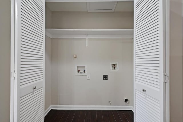2115 Ann Arbor Ave Unit B, Austin, TX 78704 - laundry room with gas dryer hookup, hookup for a washing machine, hookup for an electric dryer, dark wood-style floors, and baseboards