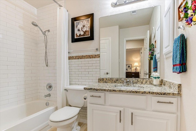 full bathroom with toilet, shower / bathtub combination with curtain, vanity, and visible vents