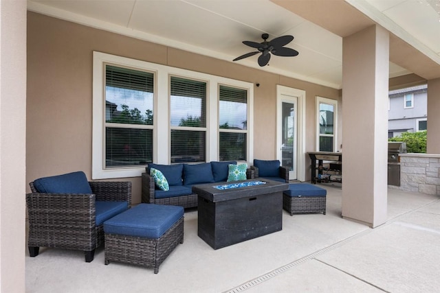 1728 Siena Sunset Rd, Leander, TX 78641 - view of patio / terrace featuring a ceiling fan, an outdoor living space with a fire pit, and area for grilling