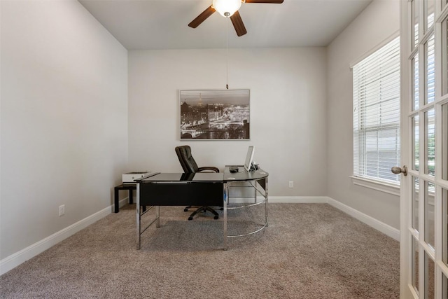 1728 Siena Sunset Rd, Leander, TX 78641 - office featuring carpet floors, a ceiling fan, and baseboards