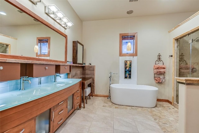 611 N Cuernavaca Dr Unit 301, Austin, TX 78733 - full bath with a freestanding tub, a stall shower, and double vanity