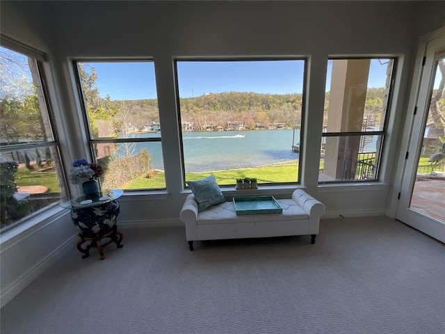 sunroom with a healthy amount of sunlight, carpet floors, baseboards, and a water view