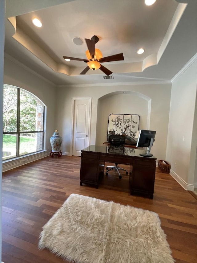 3113 Ski Shores Ter, Austin, TX 78730 - office area featuring a raised ceiling, baseboards, wood finished floors, ornamental molding, and recessed lighting