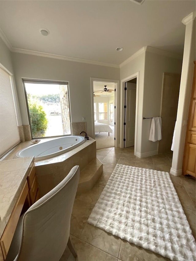 bathroom with a whirlpool tub, tile patterned floors, visible vents, and ornamental molding