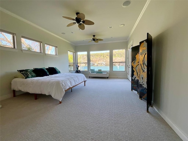 3113 Ski Shores Ter, Austin, TX 78730 - bedroom with light colored carpet, baseboards, crown molding, ceiling fan, and access to outside