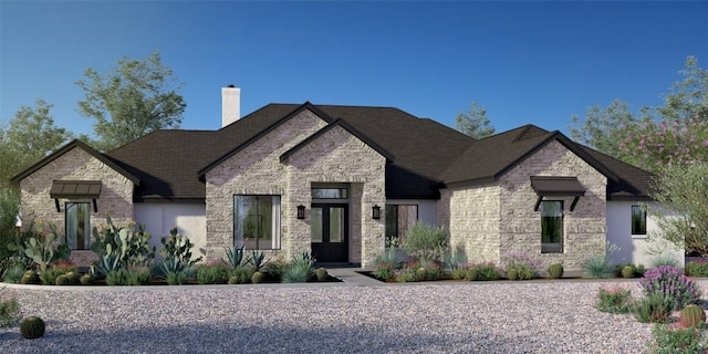 french country home with stone siding and a chimney