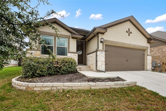 single story home featuring a front lawn, stucco siding, driveway, stone siding, and an attached garage