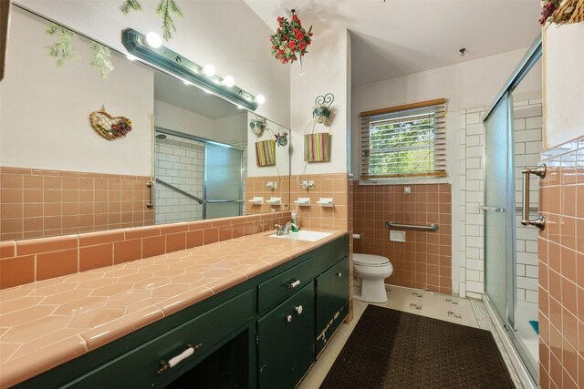 bathroom with a shower stall, toilet, tile walls, tile patterned floors, and vanity